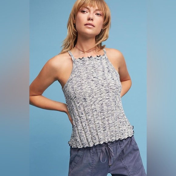 Anthropologie Akemi Kin Kaden Ribbed Lettuce Hem Halter Top Navy Size XS - Picture 1 of 9